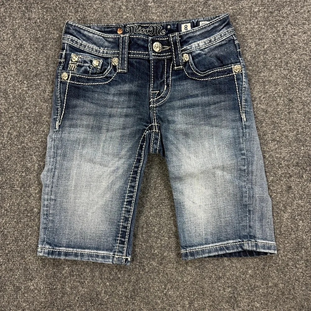 Miss Me Shorts Girls 8 Blue Denim Jean Bermuda Embroidered Cross Pocket Stretch
